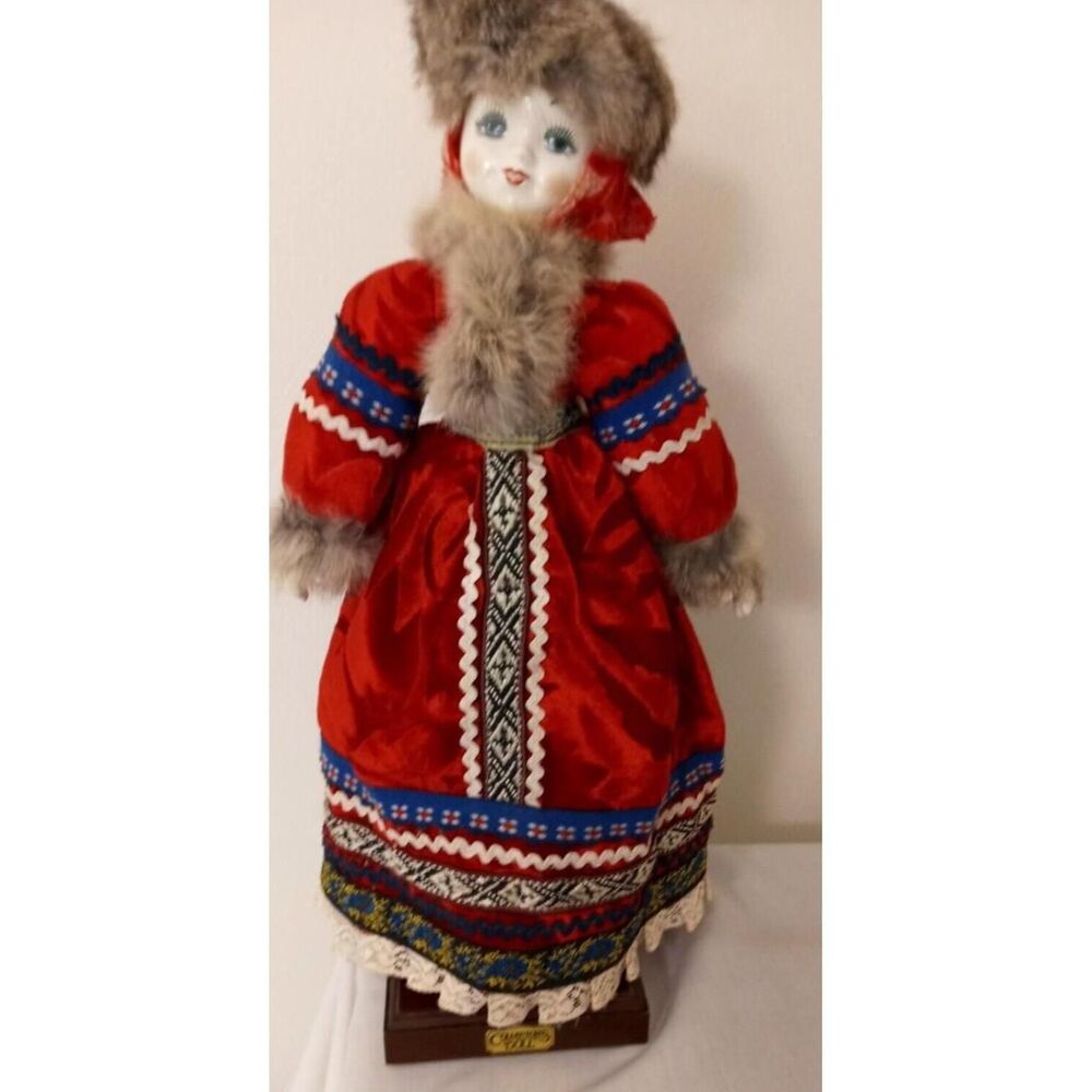Vintage Porcelain European Doll Traditional Outfit Fur Trim 16" w/ Stand Beauty